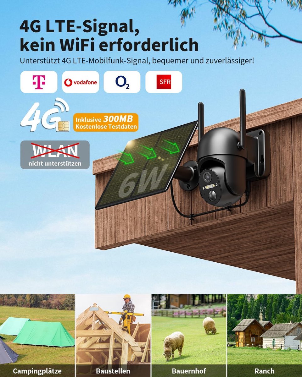SnelShoppen - 4G LTE Draadloze Bewakingscamera Buiten met Simkaart, 2K Zonnecamera, 360° PTZ, Kleurennachtzicht, PIR-Bewegingsdetectie, Bidirectionele