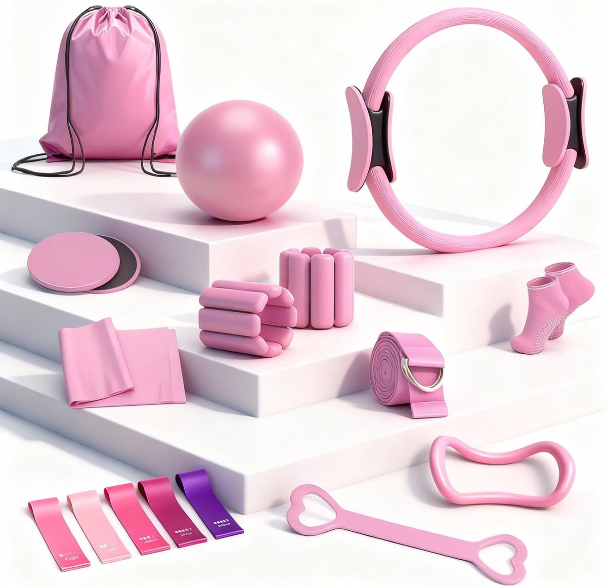 SnelShoppen - Complete Pilateset 14 Stuks Roze - Pilatesring, Bal, Sokken, Verstelbare Polsgewichten, Weerstandsbanden, Krachttrainingsuitrusting voor