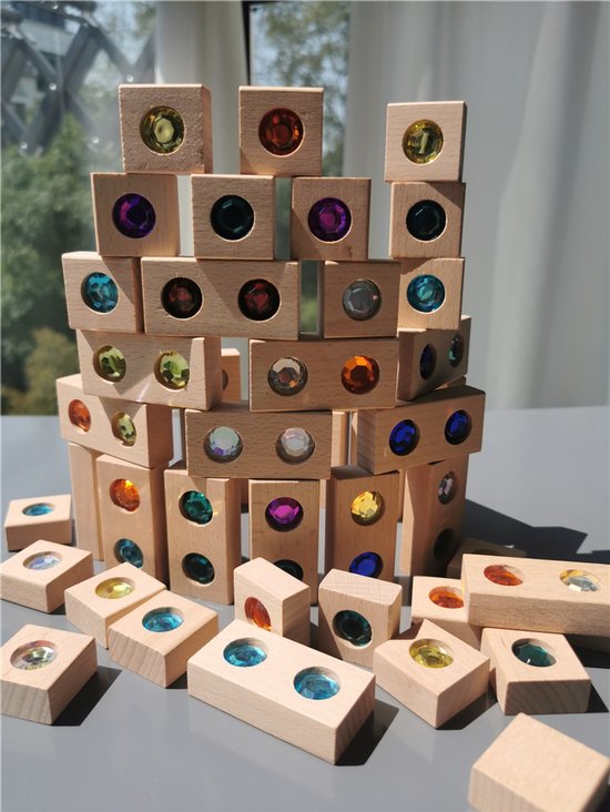 Houten blokken met diamanten - Blokkenset met glitterstenen - 65-Delig - Bouwset - Vanaf 2 jaar - Open einde speelgoed - Educatief montessori speelgoed van Houten — afbeelding 3