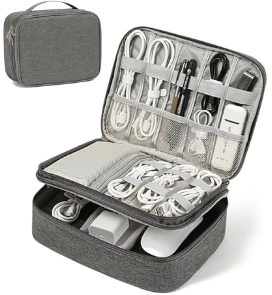 Huis Geluk Kabeltas Elektronica-organizer - 3-laags waterdicht - Grijs - Universele reistas voor kabels, opladers, powerbank en accessoires