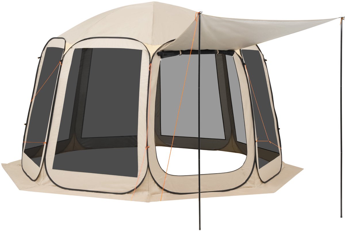 Ruime Campingtent, 365,76 X 335,28 X 230 cm, Pop-Up Tent met Uitschuifbare Luifel, Geschikt voor 10-12 Personen, Inclusief Draagtas en Gaaswanden, Ideaal voor Terras en Buitenactiviteiten, Beige