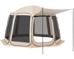 Ruime Campingtent, 365,76 X 335,28 X 230 cm, Pop-Up Tent met Uitschuifbare Luifel, Geschikt voor 10-12 Personen, Inclusief Draagtas en Gaaswanden, Ideaal voor Terras en Buitenactiviteiten, Beige