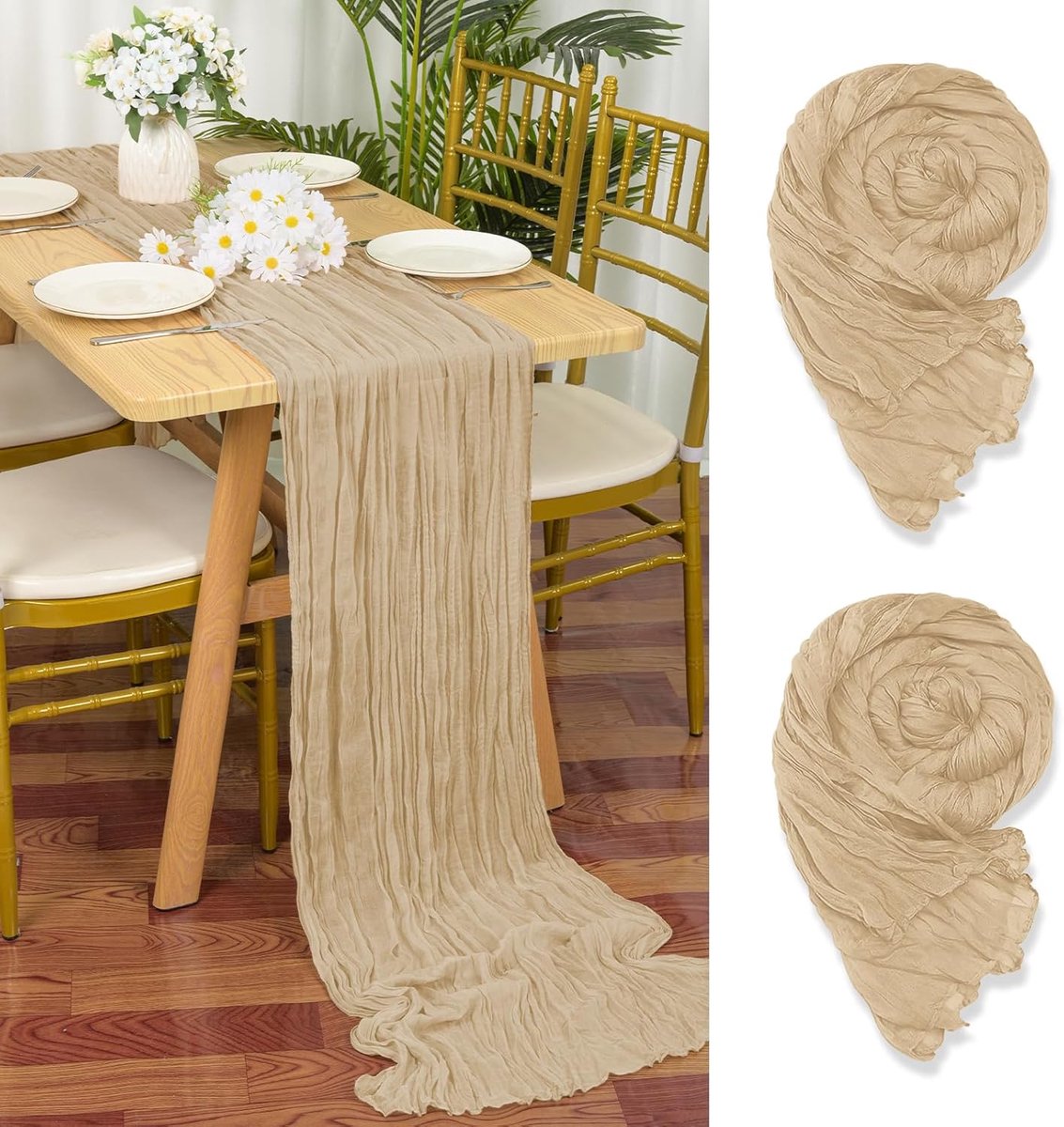 Tafellopers van gaas, beige, 55 x 300 cm, lichtbruin, tafelloper voor kaas voor bruiloft, vrijgezellenfeest, babyshower, decoratie voor verjaardagsfeesten