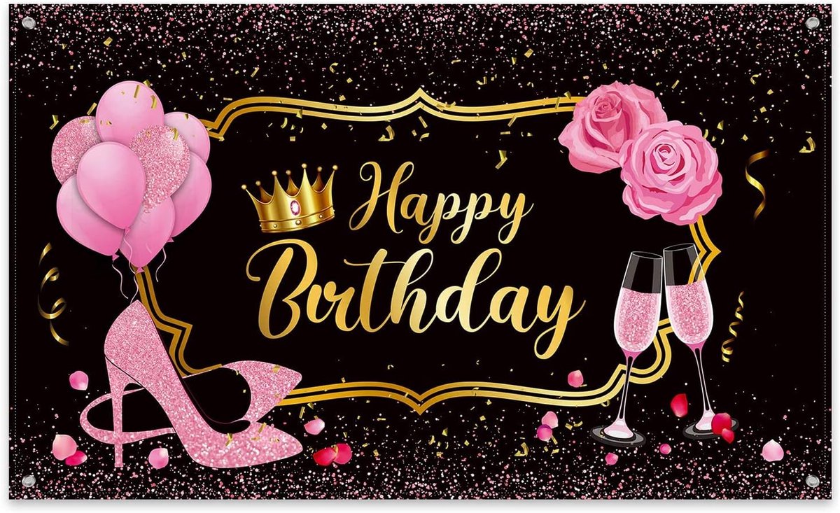 Vrouwen Gelukkige Verjaardag Party Achtergrond Stof Zoete Gouden Verjaardag Fotografie Achtergrond met Ballonnen Hakken Rose Champagne voor Vrouwen Verjaardag Party Decor, 180x120cm