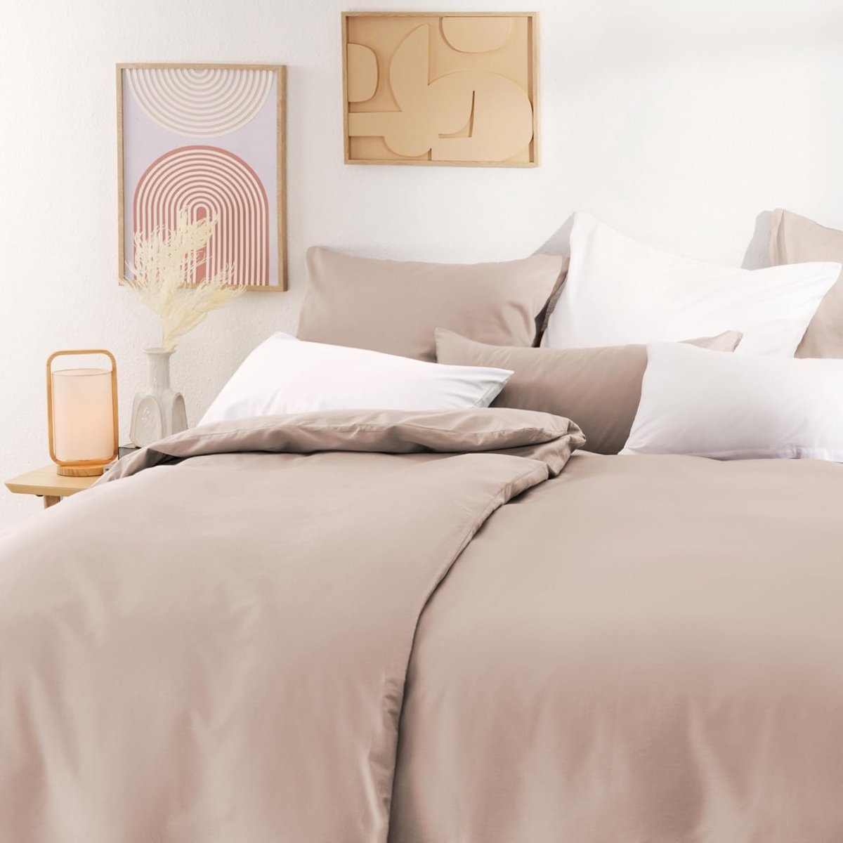 Mako Satijnen beddengoed – dekbedovertrek 135x200 cm, kussensloop 80x80 cm, 100% katoen, superzachte kussensloop 40x80, kussensloop donkergrijs, Taupe
