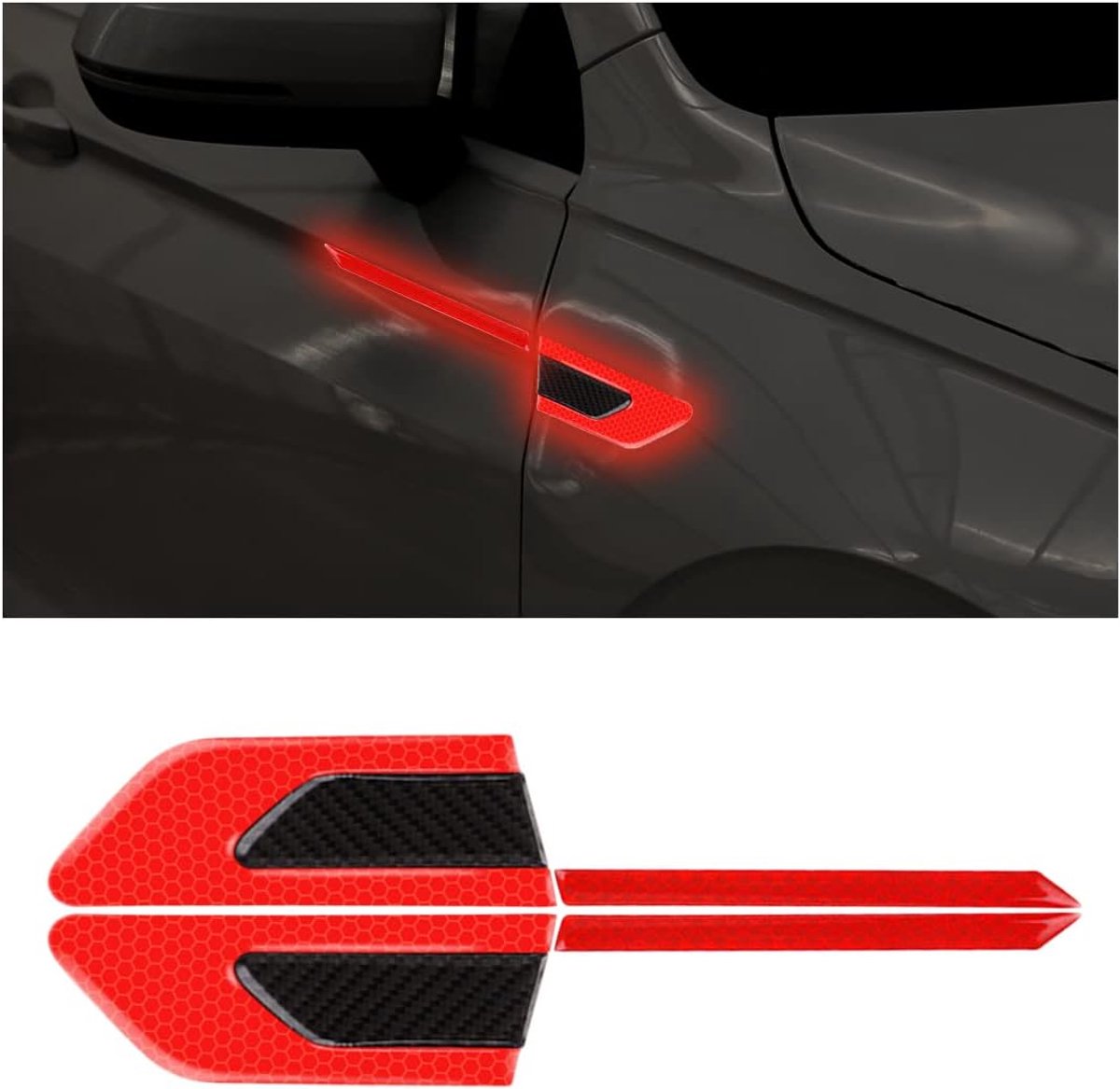 2 stuks koolstofvezel auto reflecterende stickers, 3D hoge intensiteit nachtzicht stickers, reflecterende autospatbordstrips, veiligheidswaarschuwing voor auto (rood)