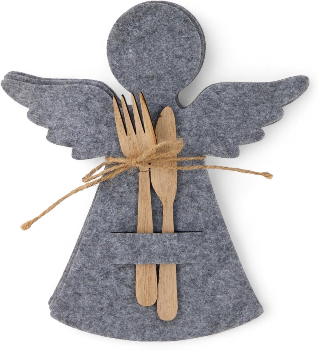 Bestekhouder engel set van 4 van vilt – tafeldecoratie Kerstmis – ruimte voor bestek – 20x22 cm – jute koord – decoratieve bestekhouder voor feestelijke tafel (grijs)