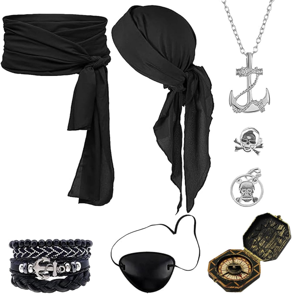 8 Delige Piratenaccessoireset met Hoofddoek, Heupsjaal, Oogmasker, Ketting, Oorbellen, Ring, Armband, Komen Heren voor Halloween, Carnaval en Piratenfeest