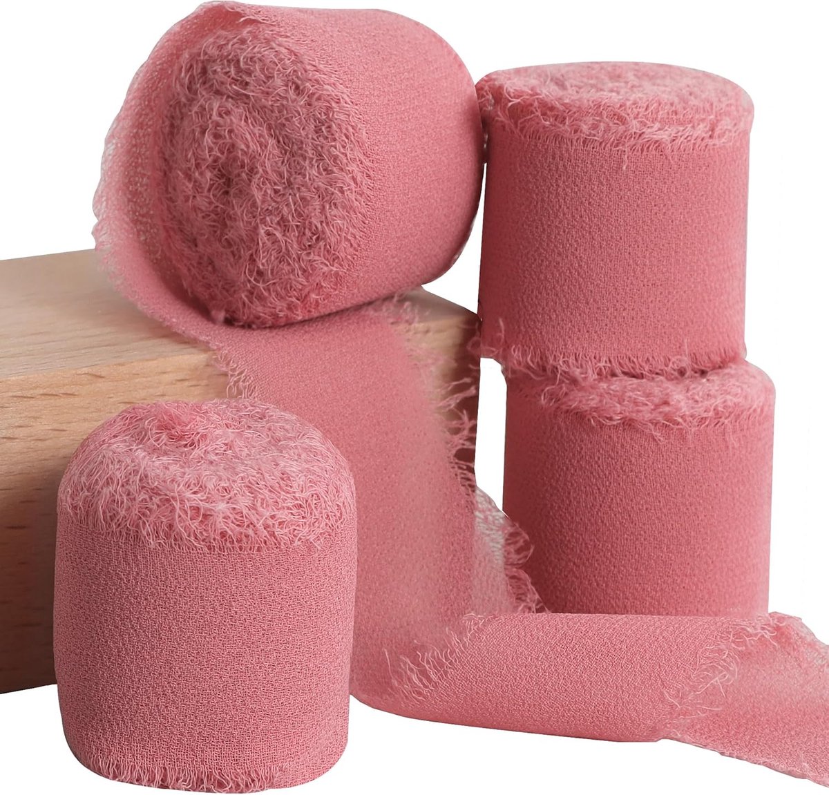 4 rollen 1-1/2 inch stoffig roze chiffon zijden lint 22yds handgemaakte franje chiffon linten set voor huwelijksuitnodigingen, bruids boeketten, geschenken verpakking, doe-het-zelf ambacht (stoffig roze, 22 yds, 1,5 inch)