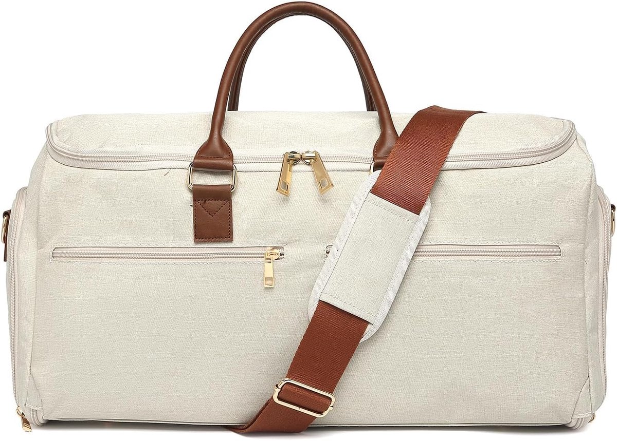 Carry on Garment Bag voor vrouwen, lederen kledingtassen voor reizen met schoenenzak 2-in-1 hangende koffer pak tas voor vrouwen reistassen plunjezak kledingtas, Donker Beige
