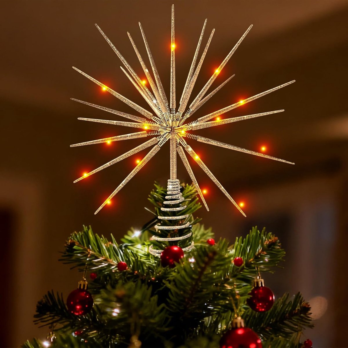 Kerstboomtop met ster en 20 LED kerstboomtop ster kerstboomversiering sterrenstraal cluster kerstboomster punt kerstboom punt (goud)