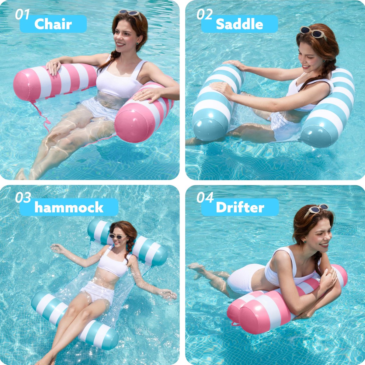 SnelShoppen - 2 Pakketten Hangmat Blauw/Roze Opblaasbaar Zwembaddrijfmiddel voor Volwassenen met Pomp, 4-in-1 Multifunctionele Waterhangmat Lounge PVC