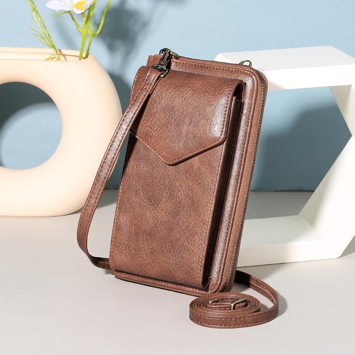 SnelShoppen - Crossbody telefoontas voor vrouwen, lichtbruine handtas met lange riem, echt leer, RFID-blokkerende portemonnee, kleine maat voor feest