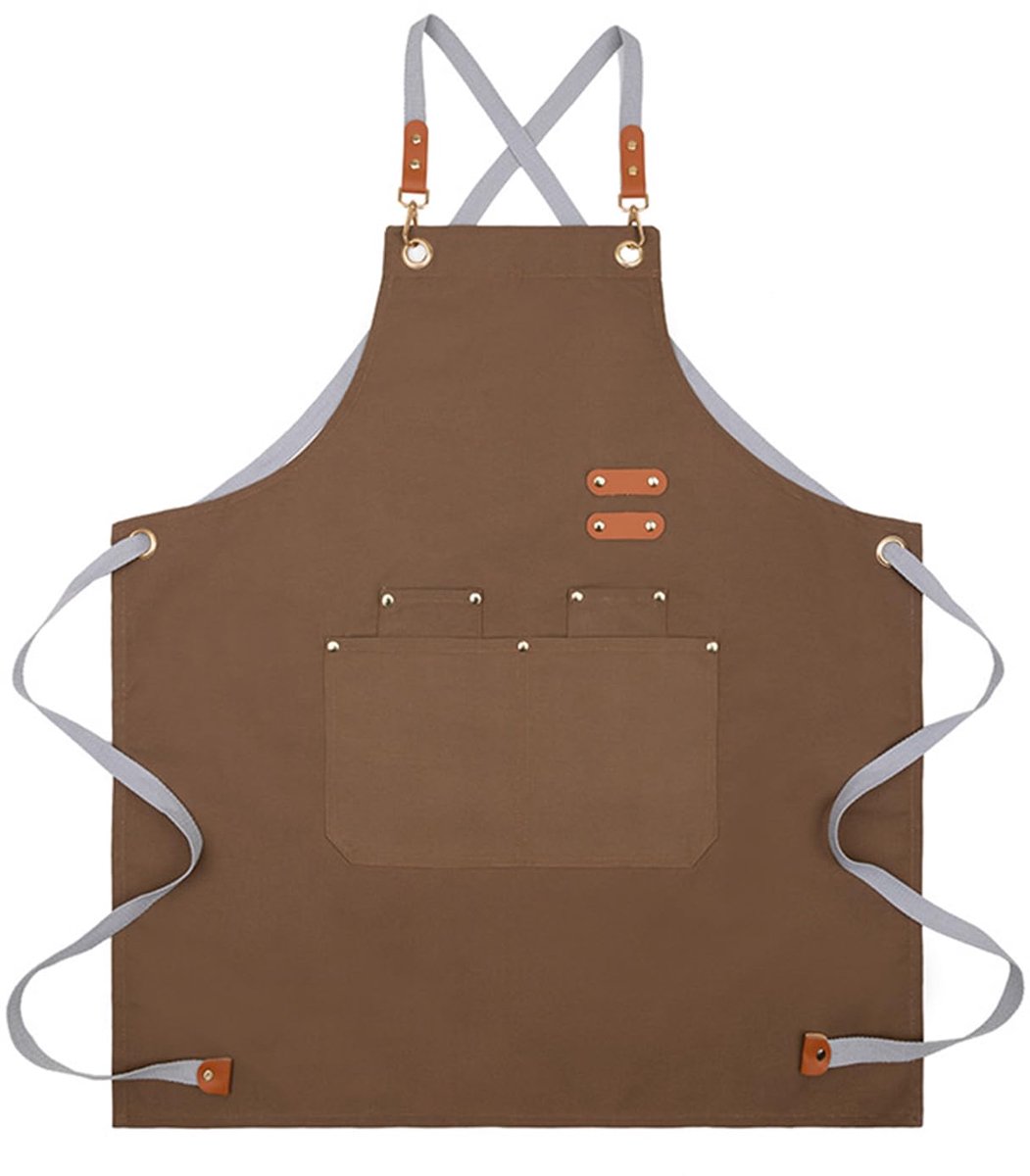 canvas schorten, werkschorten met 4 zakken, koksschort voor keuken, lange keukenschort, werkschort met verstelbare gekruiste rug, barbecueschorten voor mannen en vrouwen voor koffie