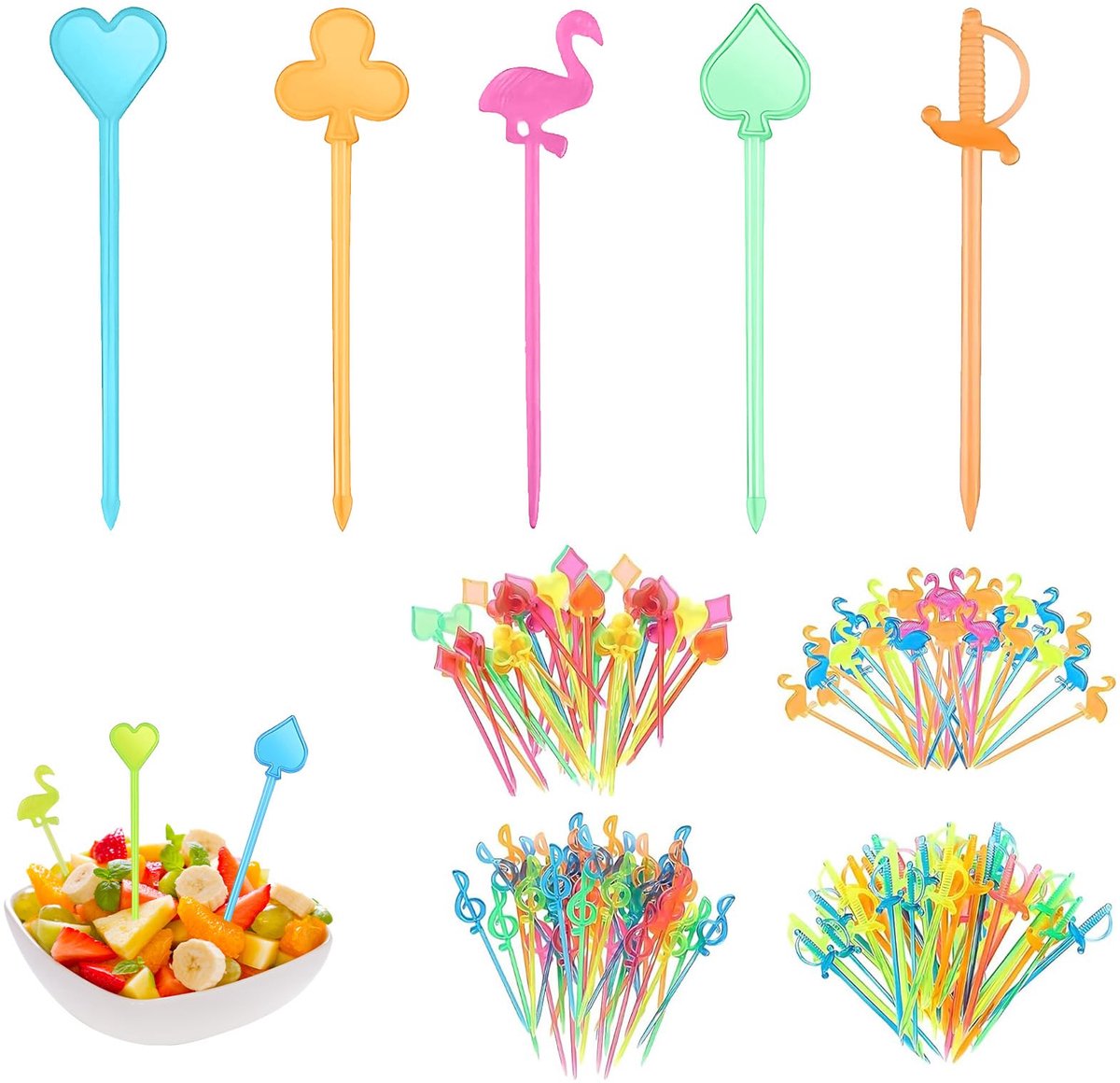 250 stuks herbruikbare cocktailspiesen, fruitspiesen voor snacks, fingerfood, verschillende designs, feestprikkers voor zomerfeesten en familiefeesten