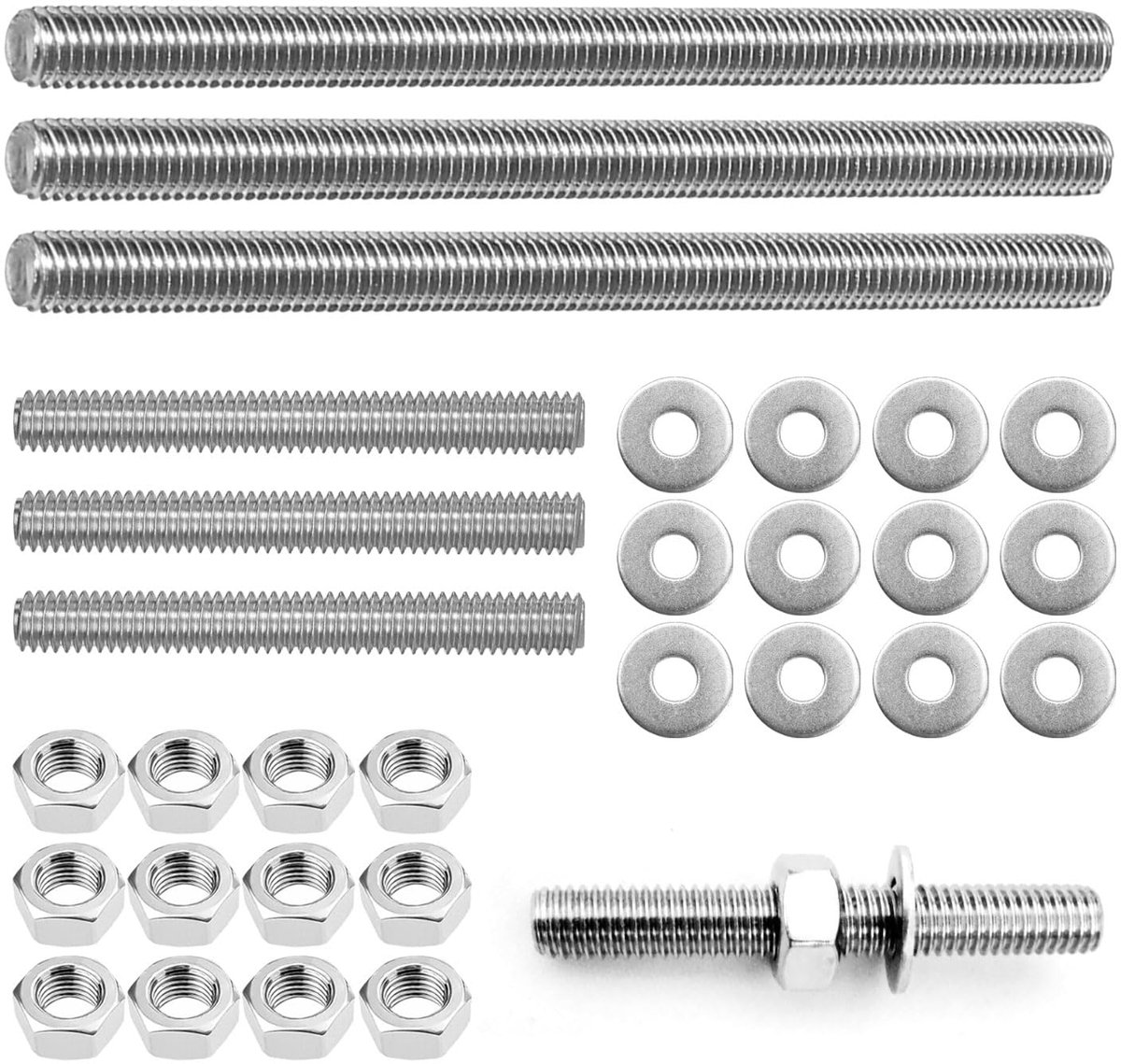 6 stuks draadstangen M8 roestvrij staal, bestand tegen hoge temperaturen, bouten met 12 moeren M8 en platte sluitring, roest niet gemakkelijk, geschikt voor bouw- en reparatiemachines (100 mm + 200 mm