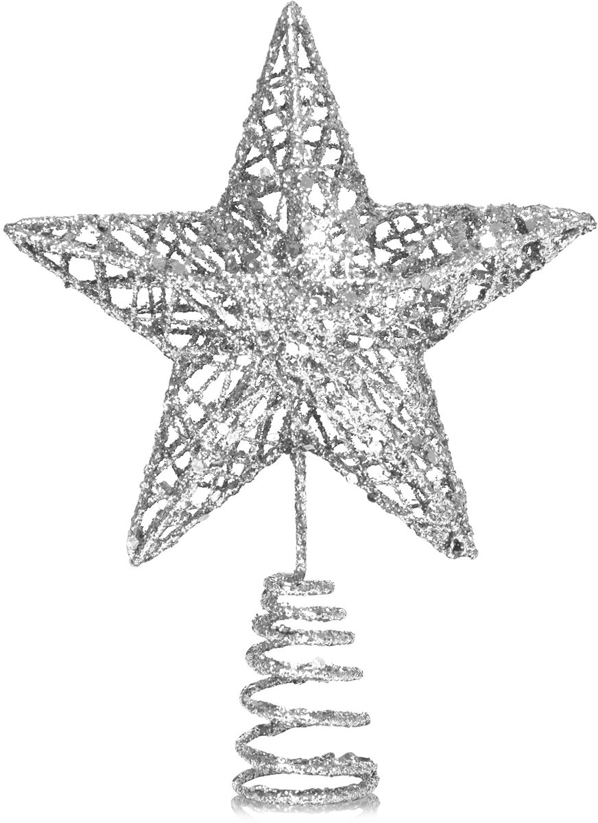 Kerstboompiek, grote ster, glitter, 3D metallic, kerstboompiek, dennenboom, punt, ster voor kerstboom, kerstboomversiering, 25 x 20 cm (zilver, L)