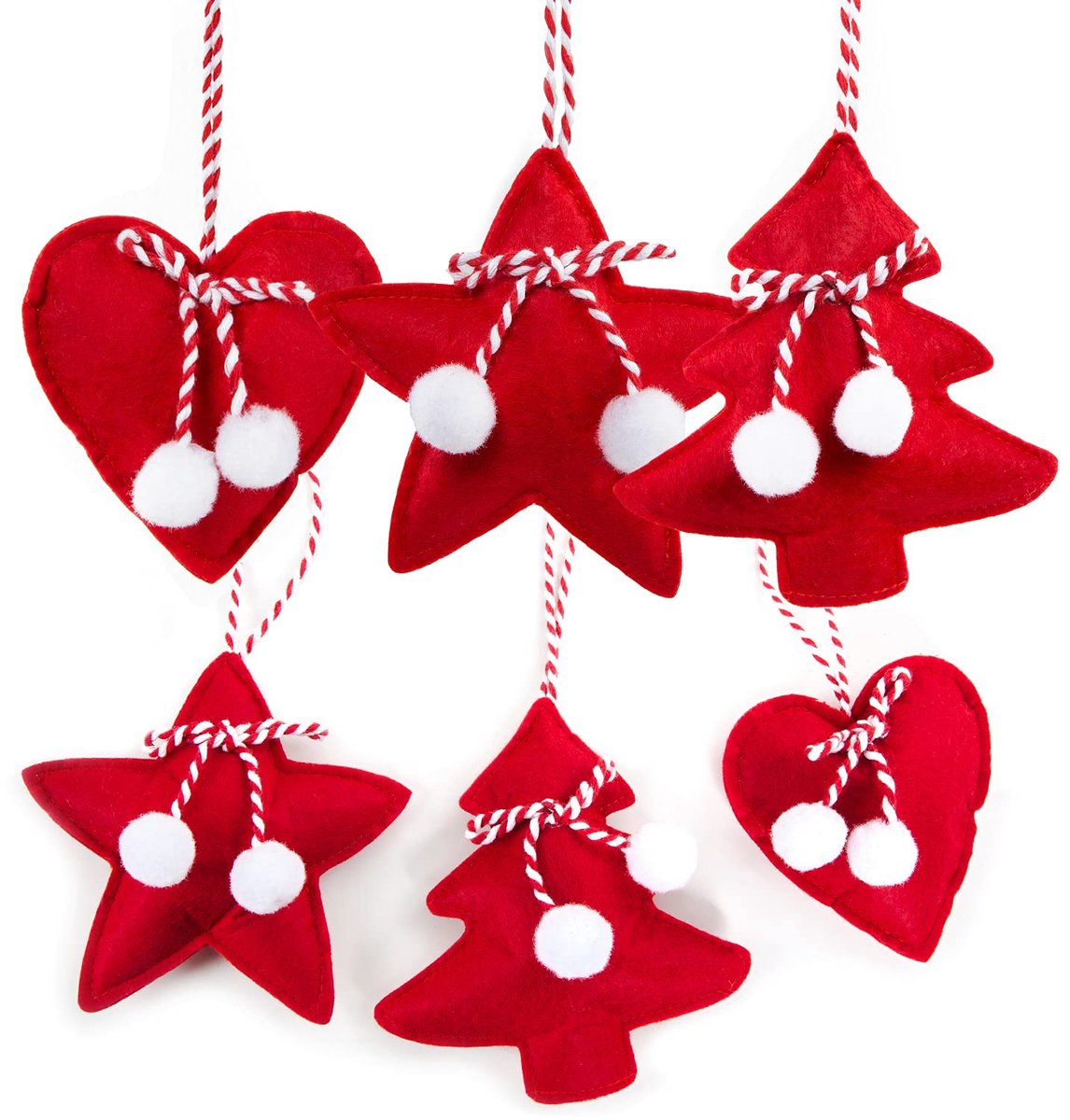 Kerstboom hangers ster hart en boom rood, stoffen decoratiehangers met strik en pluisjes, decoratieve kerst ornamenten, kerstversiering set 11-13 cm