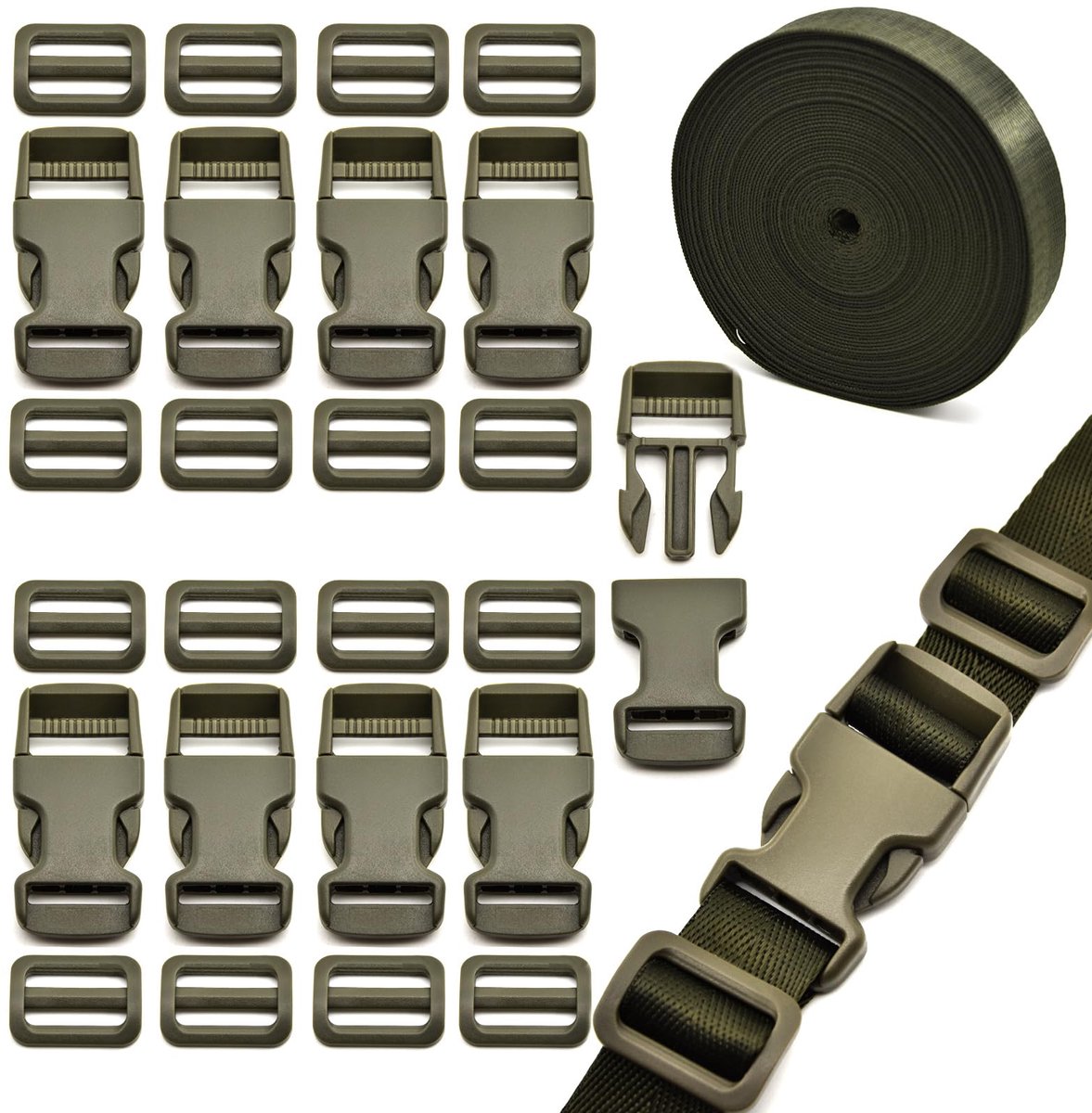 Gordelset, 25 mm, 10 meter, zwart, nylon riem met gespen, 10 stuks, snelscheidingsgespen voor rugzak, bagageriemen, doe-het-zelf