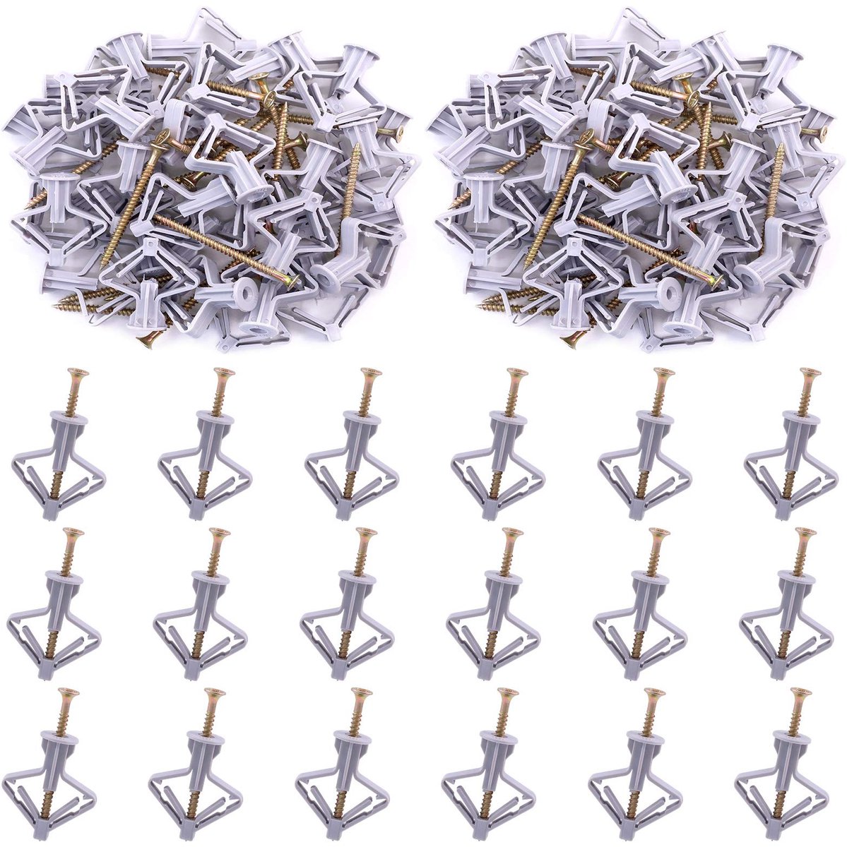 60 stuks grijs gipsplaten anker met schroefset - nylon plastic gipsplaten en holle wand anker kit, wandankerhaken en holle deur tuimelanker voor opknoping zware items op gipsplaten