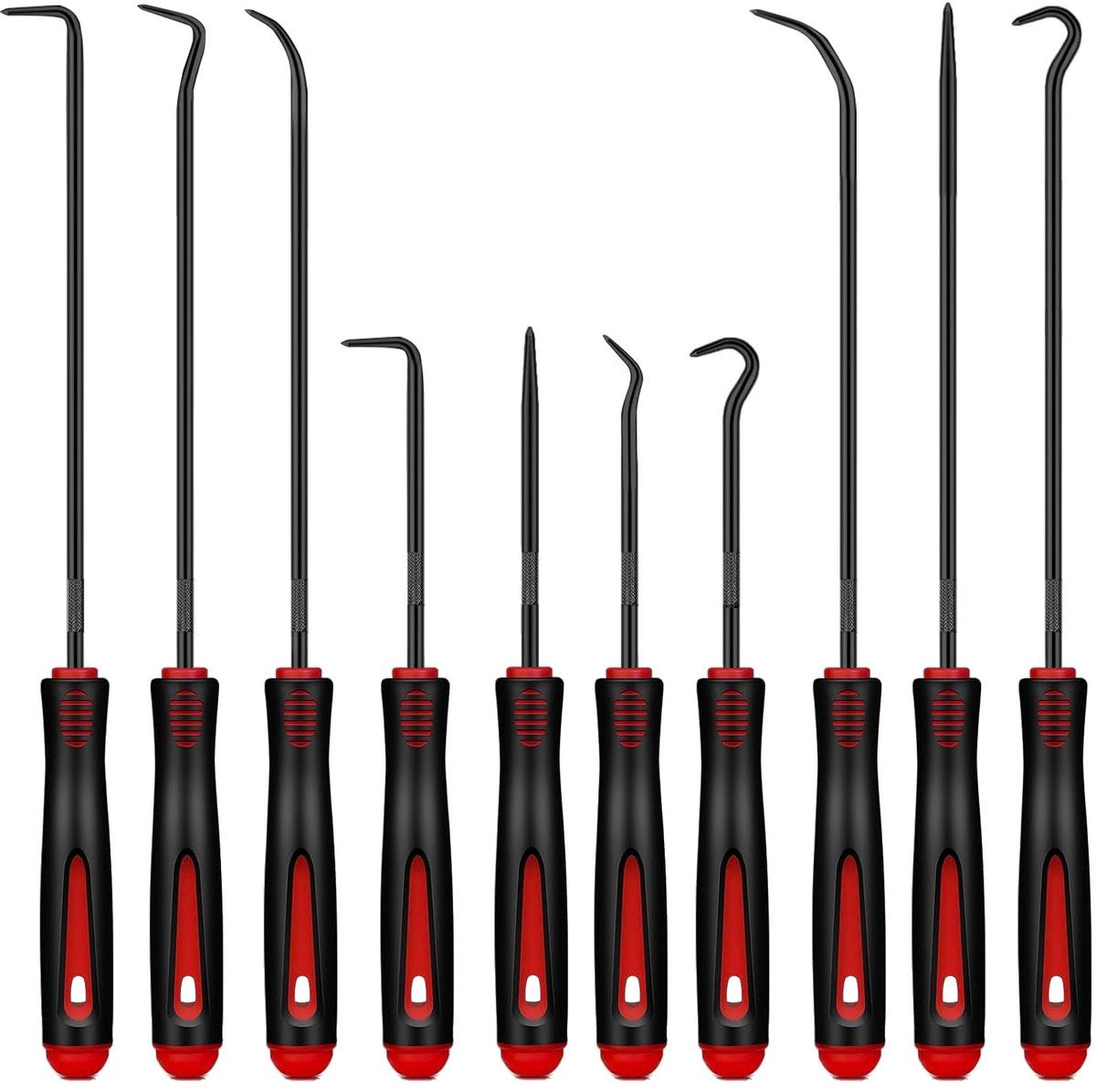 Picking- en haakset, 10 stuks, gelegeerd staal, haakgereedschap, precisie, autopick-gereedschapsset voor het verwijderen van slangen, olieafdichtingen, afdichtingen (rood-zwart, 16 cm + 24 cm)