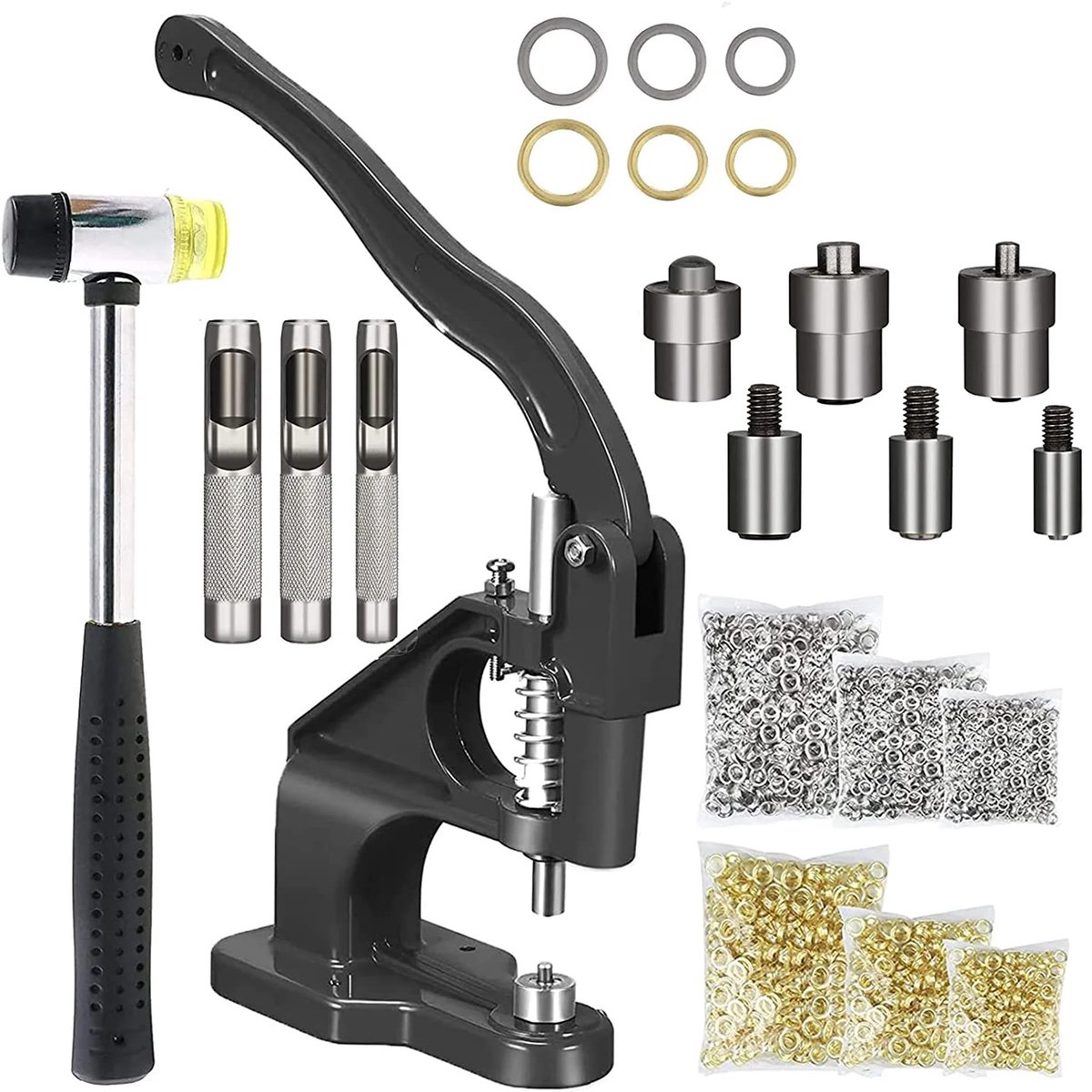 oogjestang Ahle set, oogjespers oogpons klinknagelpers drukknooppers handpers set, oogjestang met 1500 ogen (binnen-Ø 6mm, 10mm, 12mm), Ideale oogjestang voor stoffen, planen en zonnezeilen