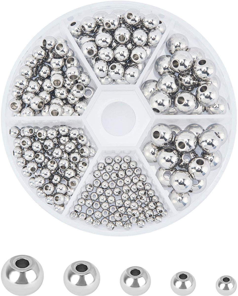 ongeveer 290 stuks 5 Maten Ronde Spacer Kralen Roestvrij Staal Losse Kralen 3/4/5/6/8mm Ronde Kraal Bevinding voor Doe-het-zelf Armbanden Kettingen Sieraden Maken, Roestvrij Staal Kleur