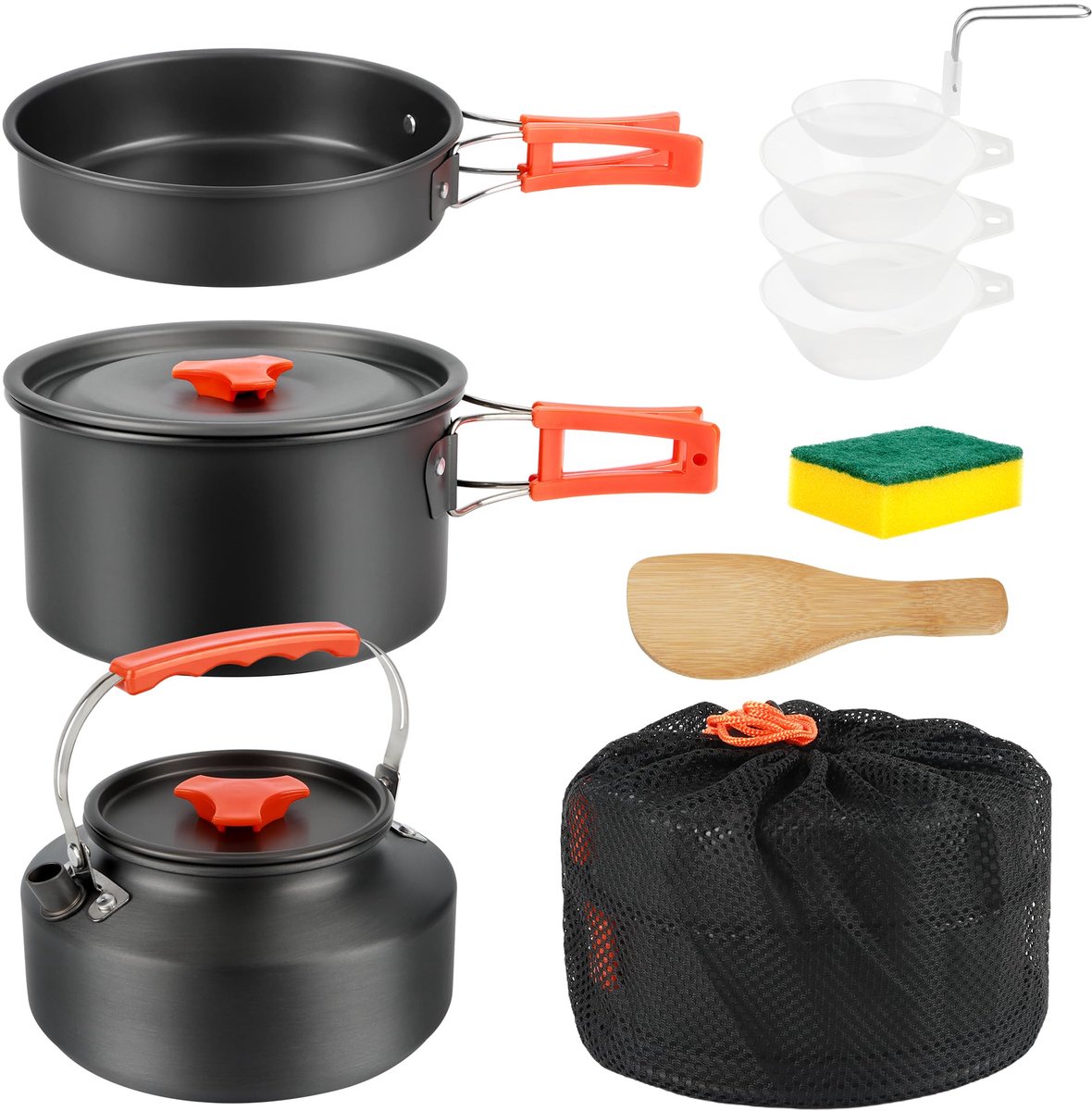 10-delige campingkookset, outdoor serviesset met campingpan, braadpan en theepotten voor camping, outdoor, wandelen, picknick, barbecue, wandelen, reizen