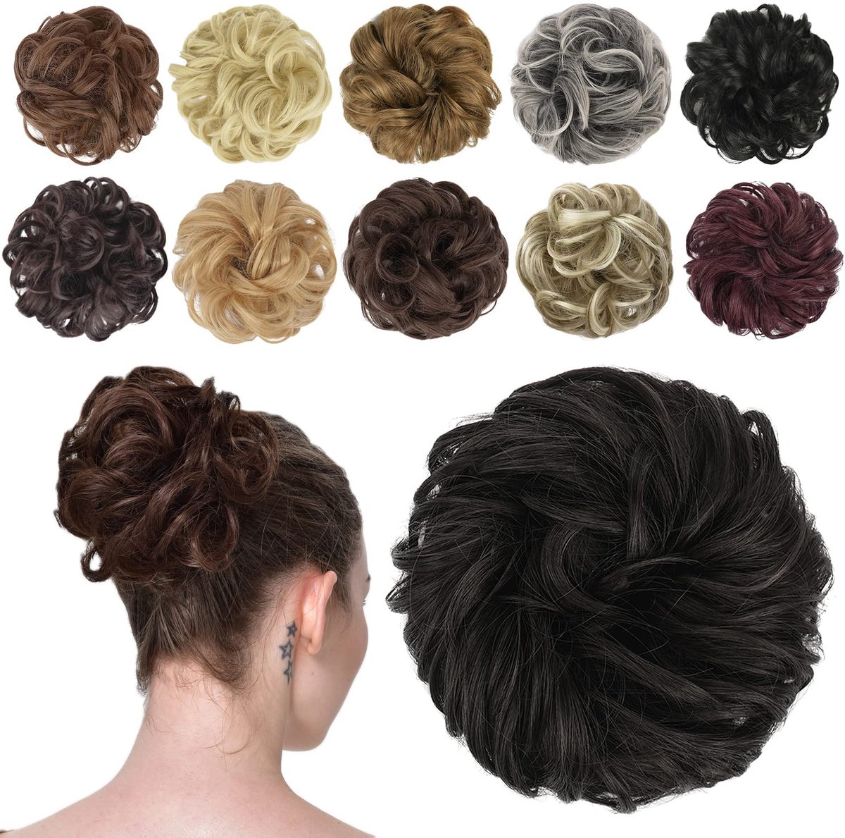 Haarknot Haarstukje Haar Bun Synthetische Golvend Krullend Elastiek Haarknot Paardenstaart Haarextensies Dikke Updo Haarstukken voor Vrouwen Meisjes 1PCS 42 g Zwart Bruin