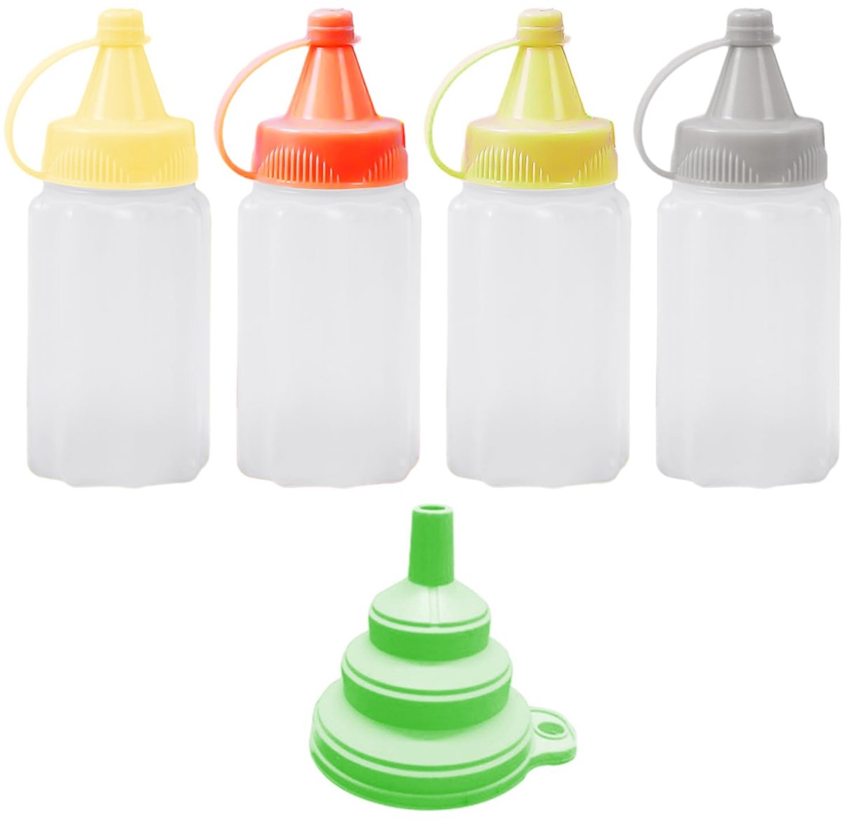 4-delige mini-sauscontainer met 1-delige klaptrechter, 30 ml knijpbare saushouder, kruidendispenser, draagbare knijpfles voor keuken, picknick