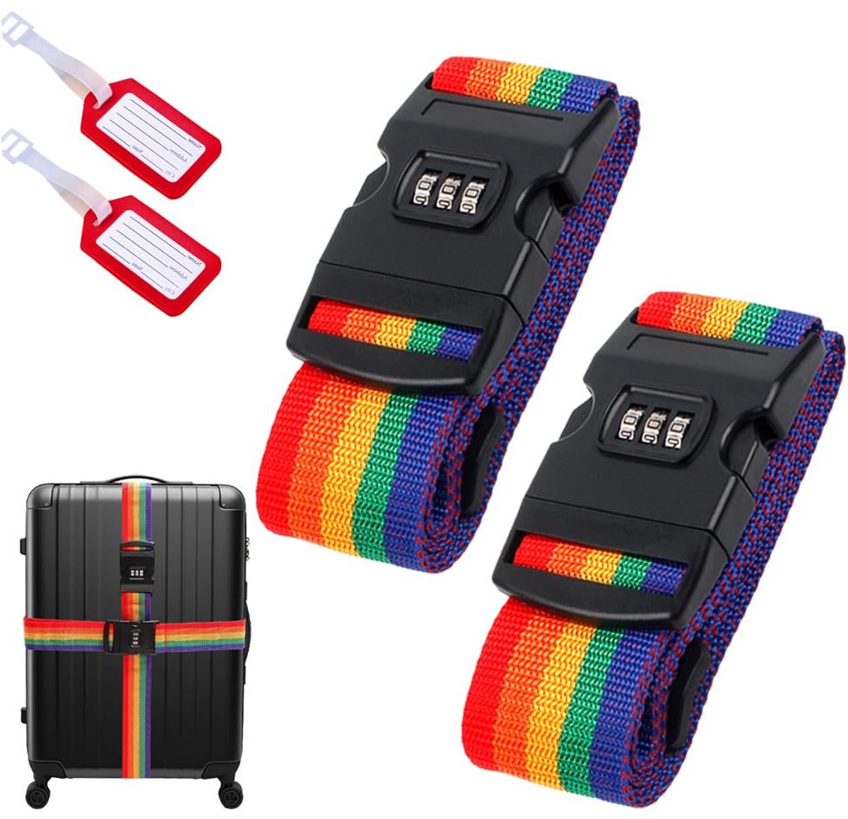 Kofferband met slot – Opvallend, duurzaam bagageband (2m x 2) – Ideaal voor reiskoffers – Inclusief 2 naamplaatjes – Komoke