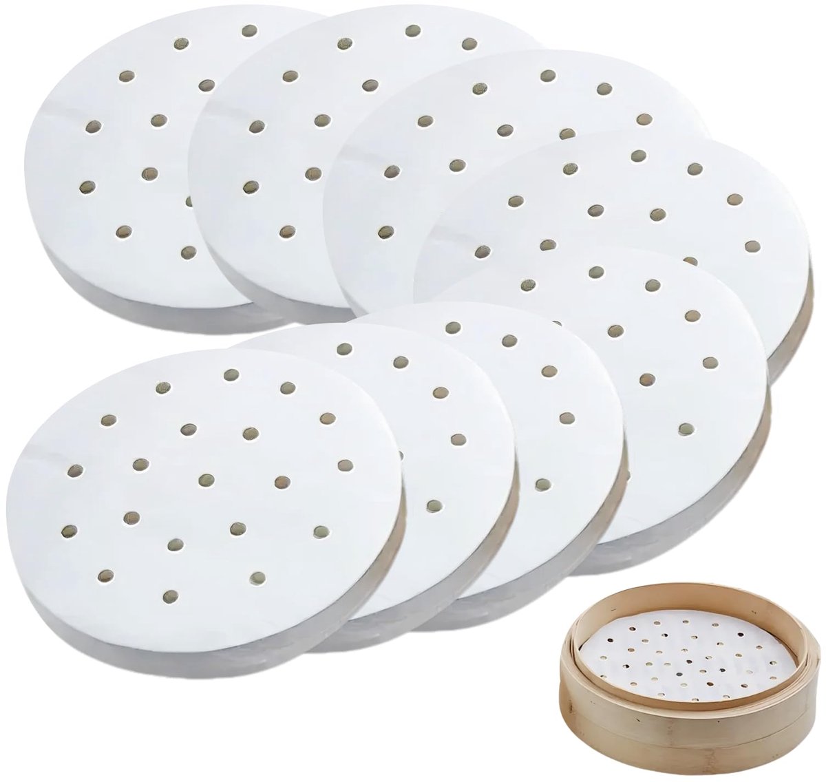 200 stuks geperforeerd papier, 23 cm, van bamboe, voor stomen en stomen, 23 inch perkamentpapier met antiaanbaklaag als dim sum-papier, papier luchtfriteuse