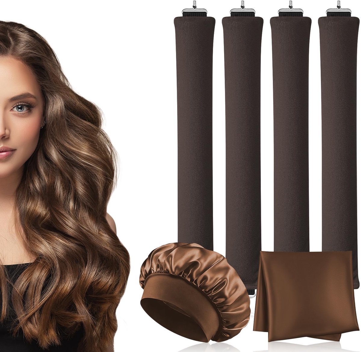 Set van 4 heatless krulstaven zonder hitte, met satijnen zijden muts en vierkante sjaal, hittevrije krulspelden, flexibele stangen met haken, hittevrije krultang voor alle soorten