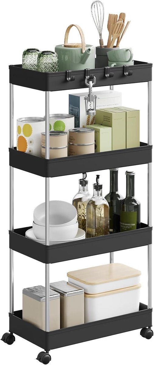 SureDeal® - Servierwagen - Planken - Smalle keukenwagen - Kunststof - 41,5x23x86 cm - Zwart
