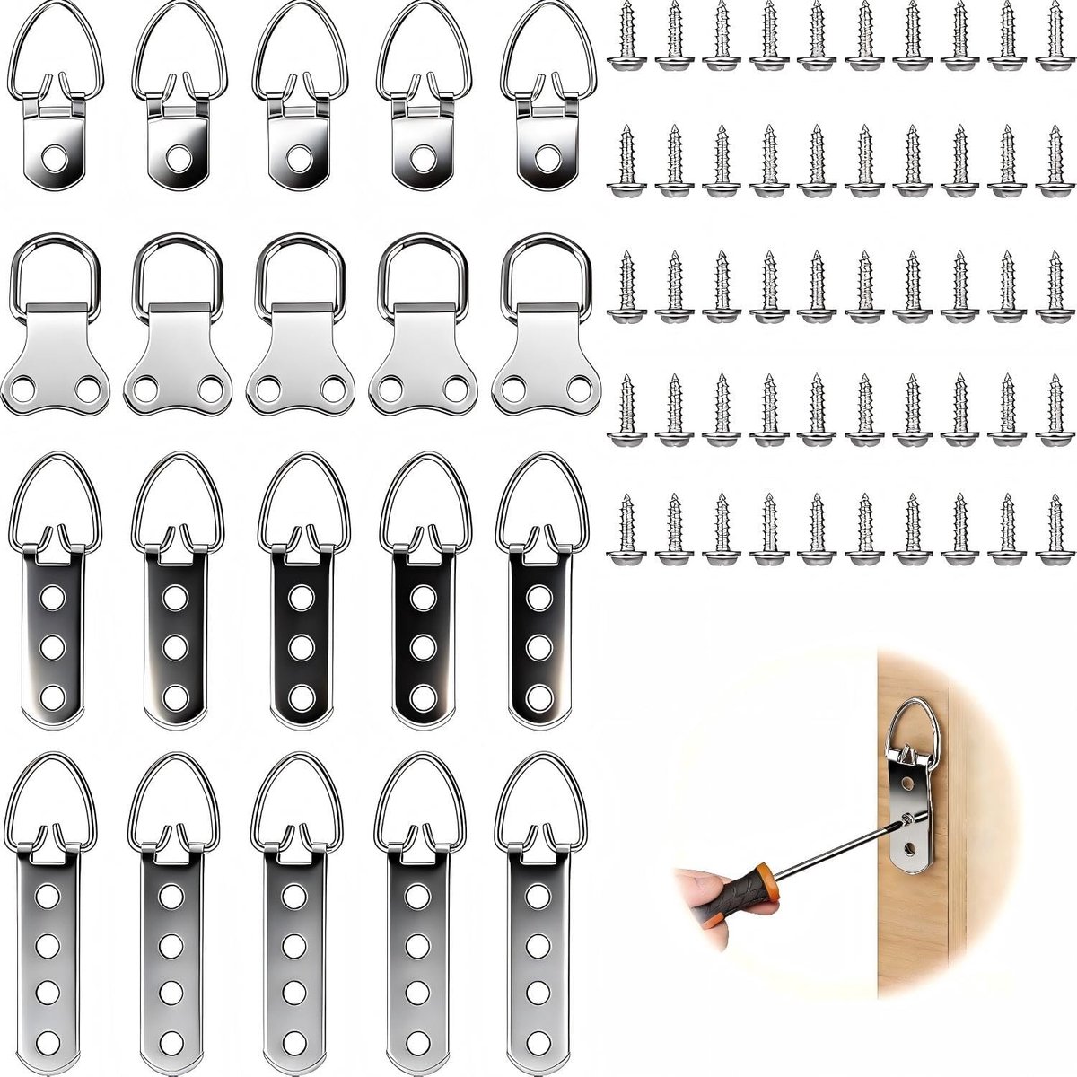 20 stuks fotohangers voor zware foto's, D-ring fotohangers met 50 schroeven, fotohaken om te schroeven, superzware afbeelding, spiegel, kleerhangers voor kunstwerken, frames (4 maten)