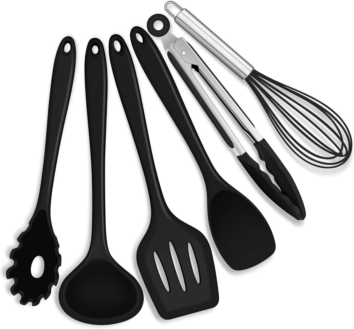 Keukengerei, 6 stuks, siliconen keukenhulp, kookbestekset, zwart, anti-aanbaklaag, keukenspatel voor koken en bakken, hittebestendig en levensmiddelenkwaliteit, vaatwasmachinebestendig