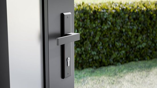 deurklink voor buitendeuren met drukknop, moderne deurkrukset, mat zwart, lang schild, krukgarnituur, 90 mm professionele cilinder (zwart, rechts drukknop met knop) — afbeelding 3