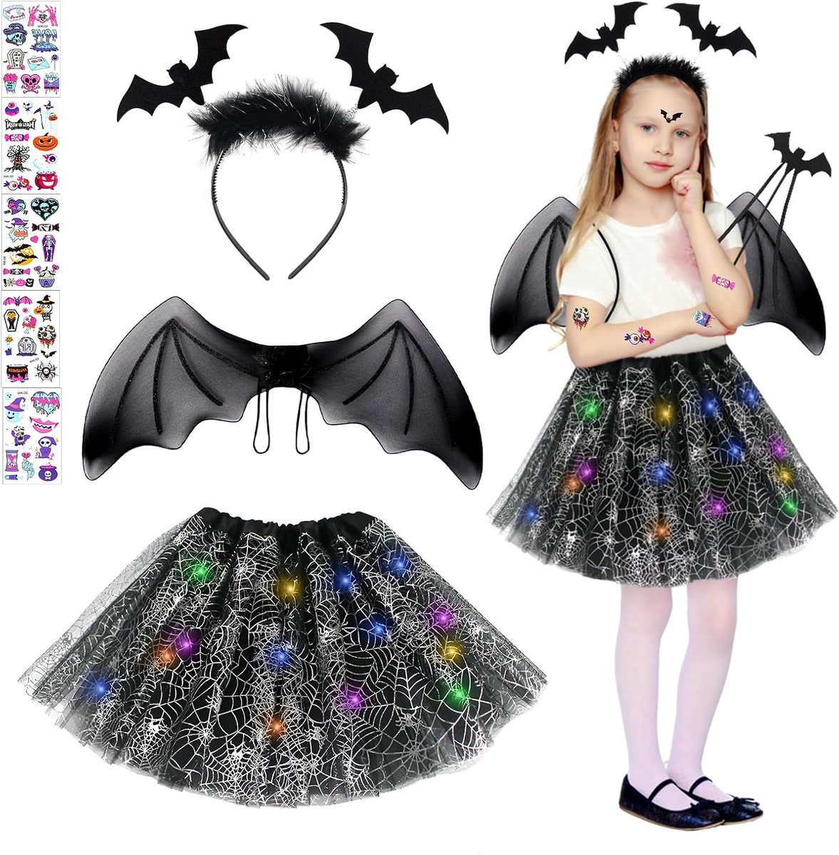 Halloween vleermuiskostuum kinderset, 5 stuks vleermuisvleugelkostuum voor meisjes, halloweenkostuum kinderen, vleermuis, cosplay, voor 3-10 halloweenkostuum kinderen meisjes (A)