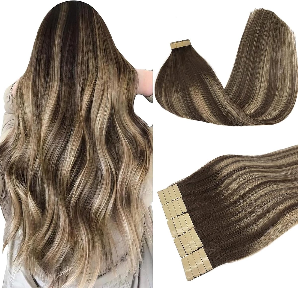 Set van 20 Remy human hair extensions met tape, balayage chocoladebruin tot honingblond, 50 cm, 50 g, zijdeachtige gladde natuurlijke extensions