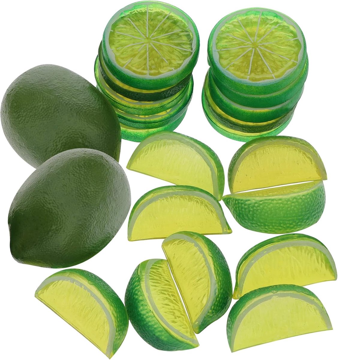 20Pcs Kunstmatige Nep Groene Citroen & Plakjes Blokken Decoratie Faux Fruit Slice Set Voedsel Model Limoenen Thema Party Tafel Middenstuk Bruiloft Ornament Vaas Vulstoffen