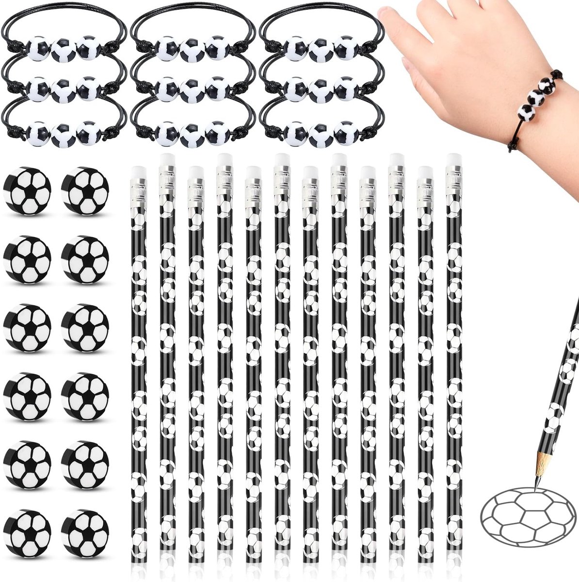 36 stuks | 12 voetbalpotloden, 12 voetbalgummen, 12 voetbalarmbanden, Voor kindervoetbalfeest