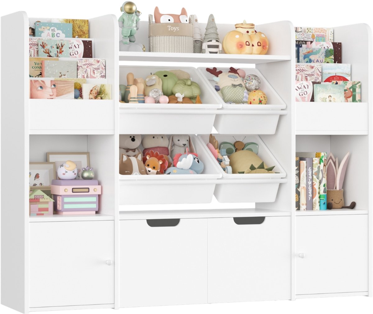 Toy Storage Unit – Voor Kinderkamer en Speelkamer – Boekenkast met 4 Grote en 2 Kleine Boxen, 13 Planken – Wit MDF 126x30x104cm