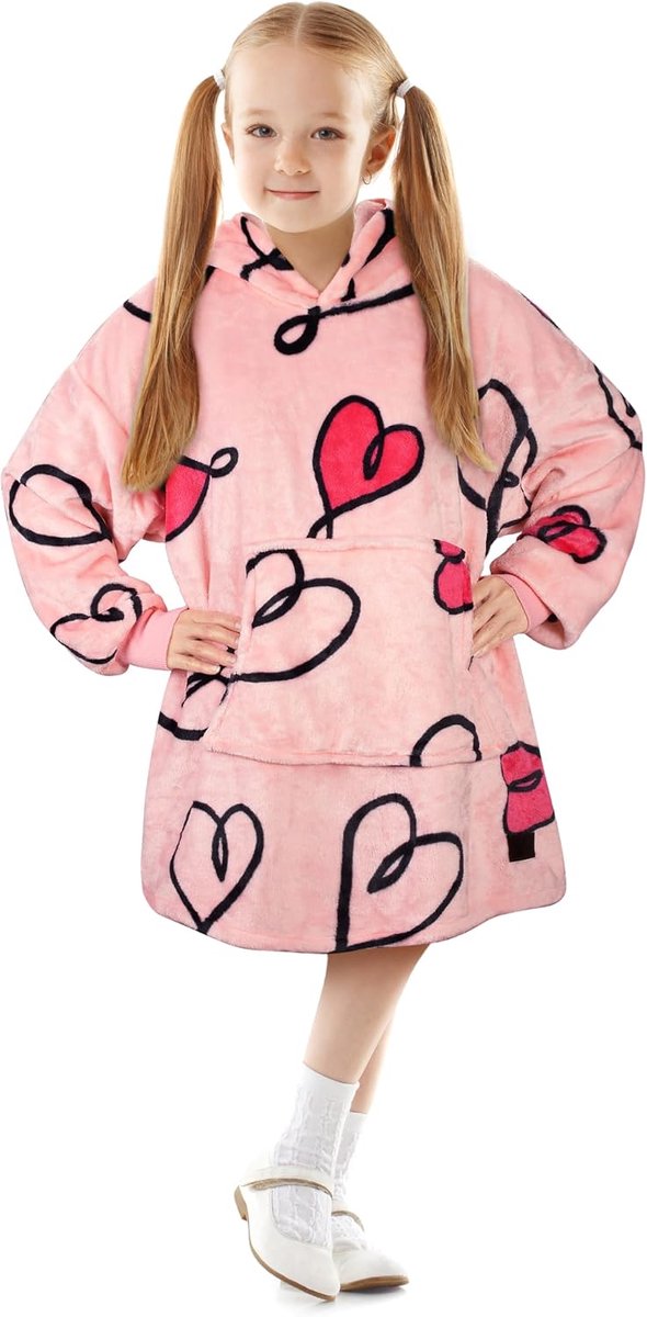 Classy Kinderdeken met capuchon, oversized hoodie voor kinderen, meisjes en jongens, draagbare gigantische pluizige sherpa-fleecedeken voor tieners, Loveart