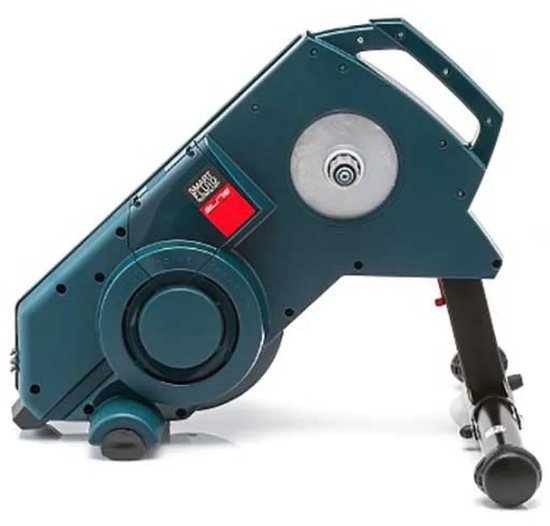 Zijaanzicht van Elite fietstrainer met Smart Fluid logo en zwarte standaard op witte achtergrond.