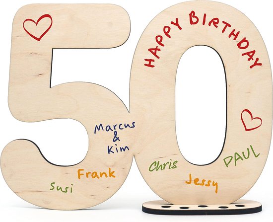 Gastenboek Houten Decoratie Schild Nummer 50 - om zelf te beschrijven als cadeau met standaard en kaarshouder voor verjaardag - voor 50e verjaardag decoratie, 50-jarig jubileum of huwelijk — afbeelding 5