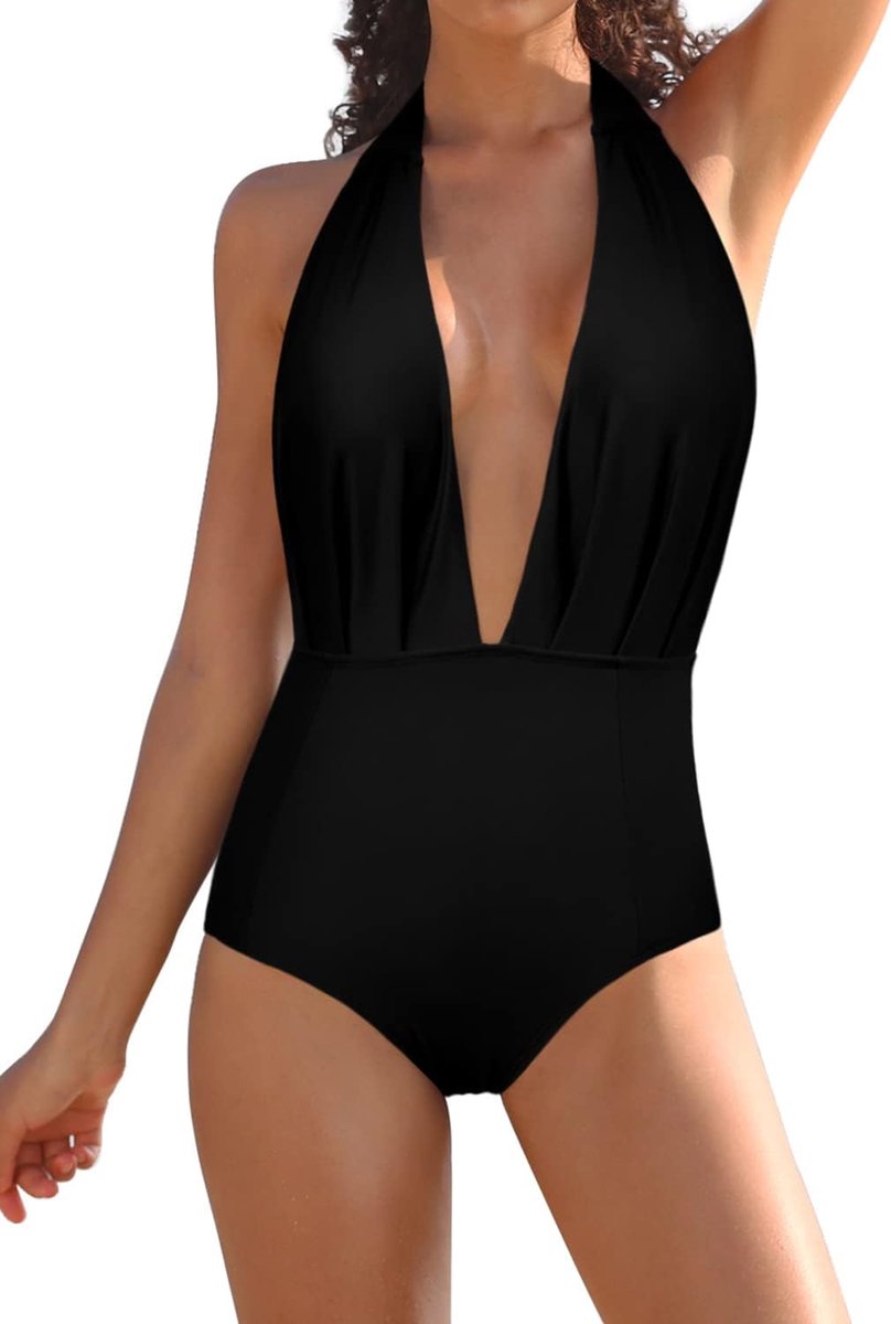 Dames Eendelige Badpak Diepe V-hals Verstelbaar Halter Badpak Sexy Effen Kleur Elegant Afdrukken Driehoek Bikini Zwempak