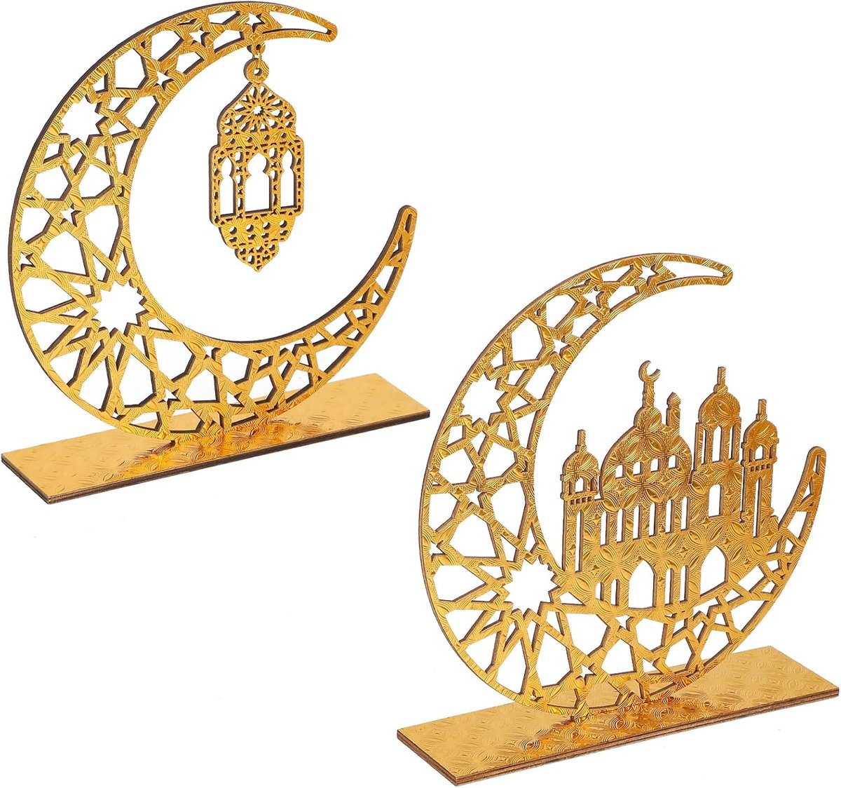 2 stuks Eid Mubarak decoraties, Ramadan Kareem, Eid tafeldecoratie, holle maan en ster, op zichzelf staande tafeldecoratie of als hangend ornament.