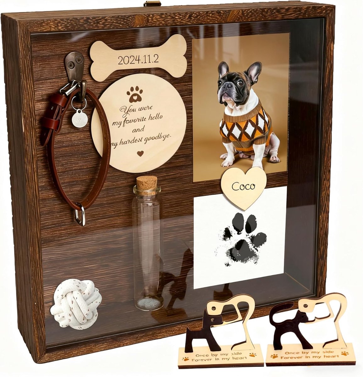 21,8 cm grote schaduwbox voor huisdieren, herdenkingscadeau, halsbandhouder, fotolijst, pootafdrukset, hondensculptuur hout, bontglas, condoleancefcadeau, dierenliefhebbers, tafelwandbehang