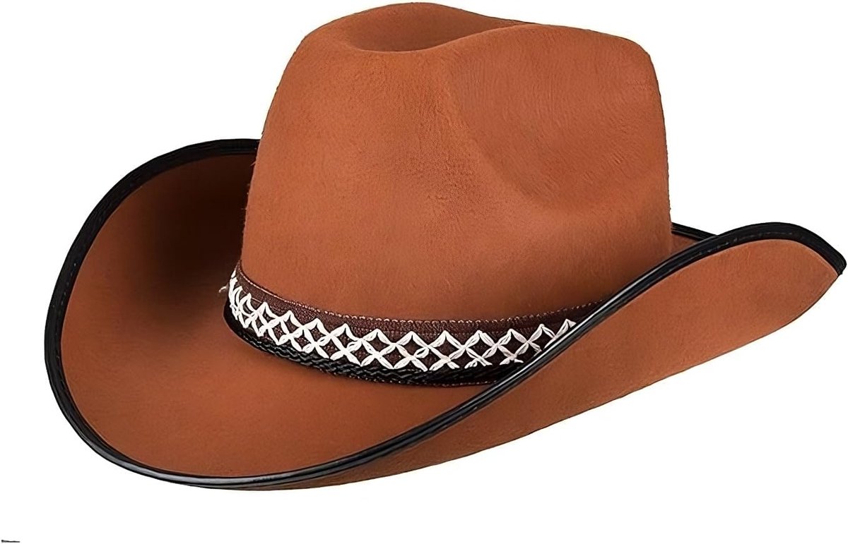 54370 - kinderhoed cowboy junior, bruin, rand, hoedkoord, één maat, carnaval, Halloween, carnaval, themafeest, kostuum, theater, verkleedpartij, accessoire