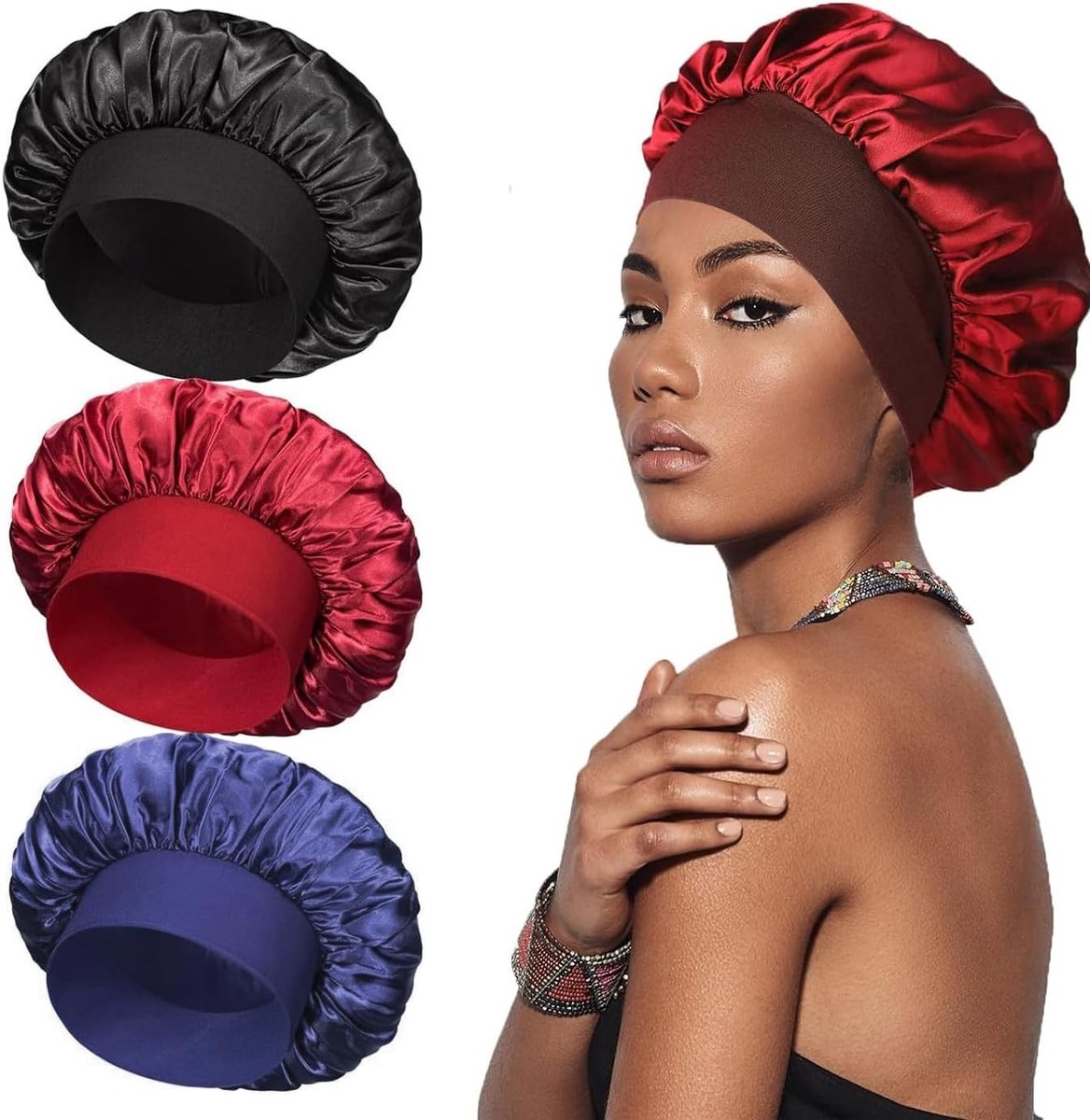 3 stuks satijnen bonnet, nachthaar slaapmutsen, haarbonnet, zijden bonnet, slaaphaarhoed, satijnen hoed krullend haar slaapmuts, losse strakke band slaapmutsje voor lang, steil en krullend haar.